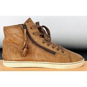 UGG 1009885 Leather High Top Sneakers Sz 9.5 Tan Side Zip Tassel Casual Shoes